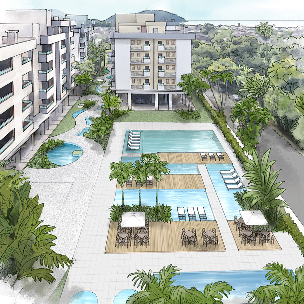 perspectiva artística arquitetônica - exteriores, paisagismo; landscape architectural rendering - Ricardo Ligabue